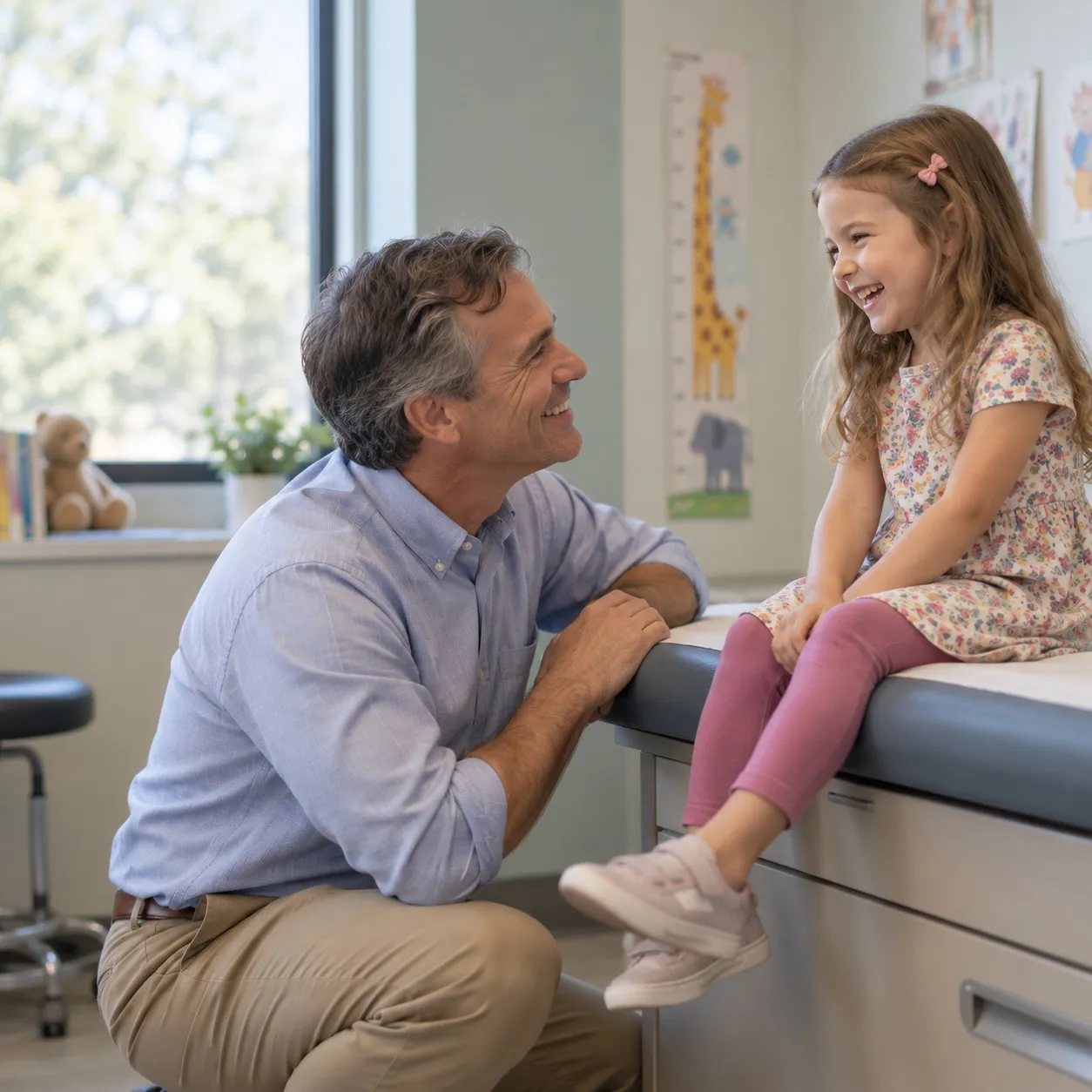 A pediatrician kneels beside an exam table to talk with a laughing young girl.