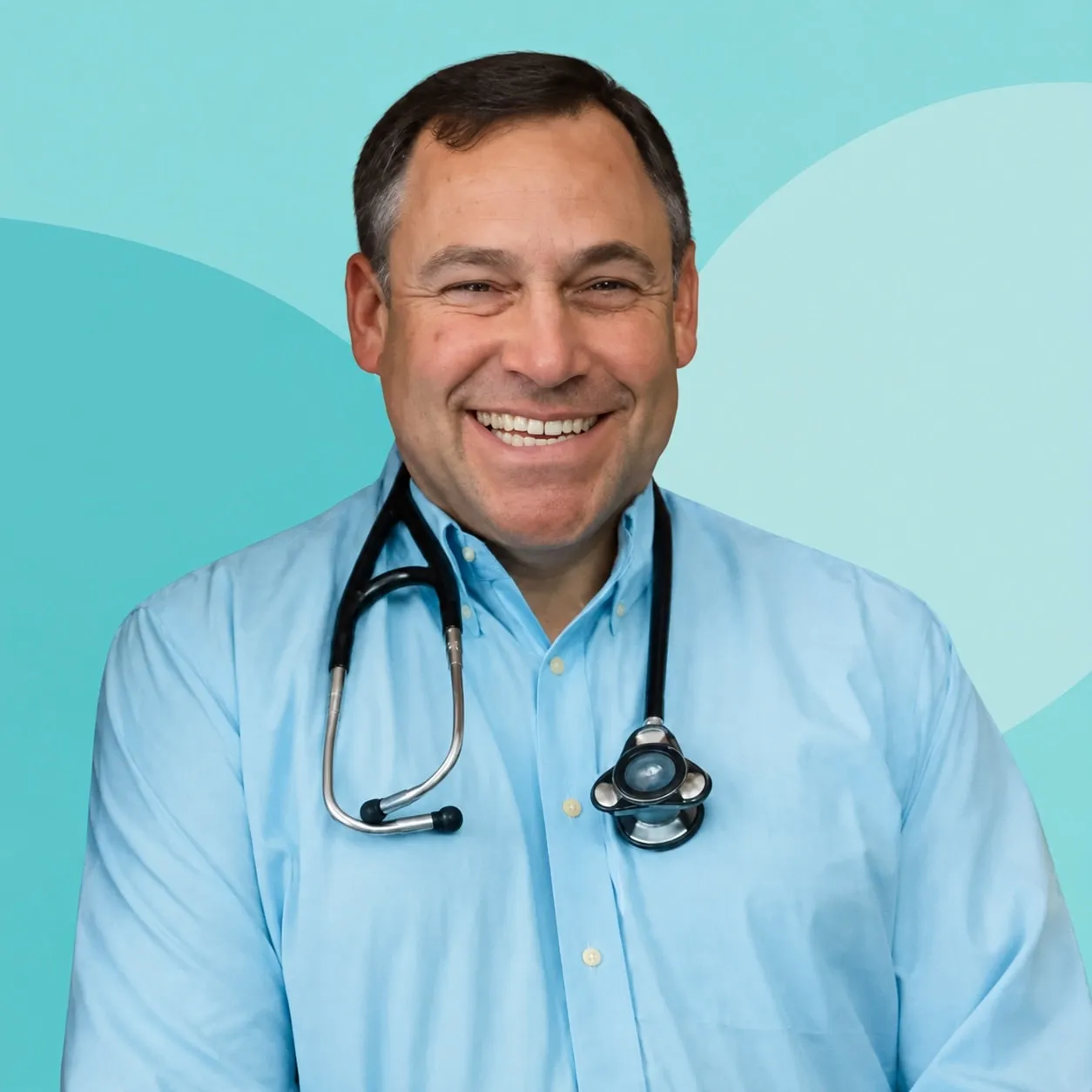 Dr. Steve Johnson, smiling, in a light blue shirt and a stethoscope, against a pale aqua background.